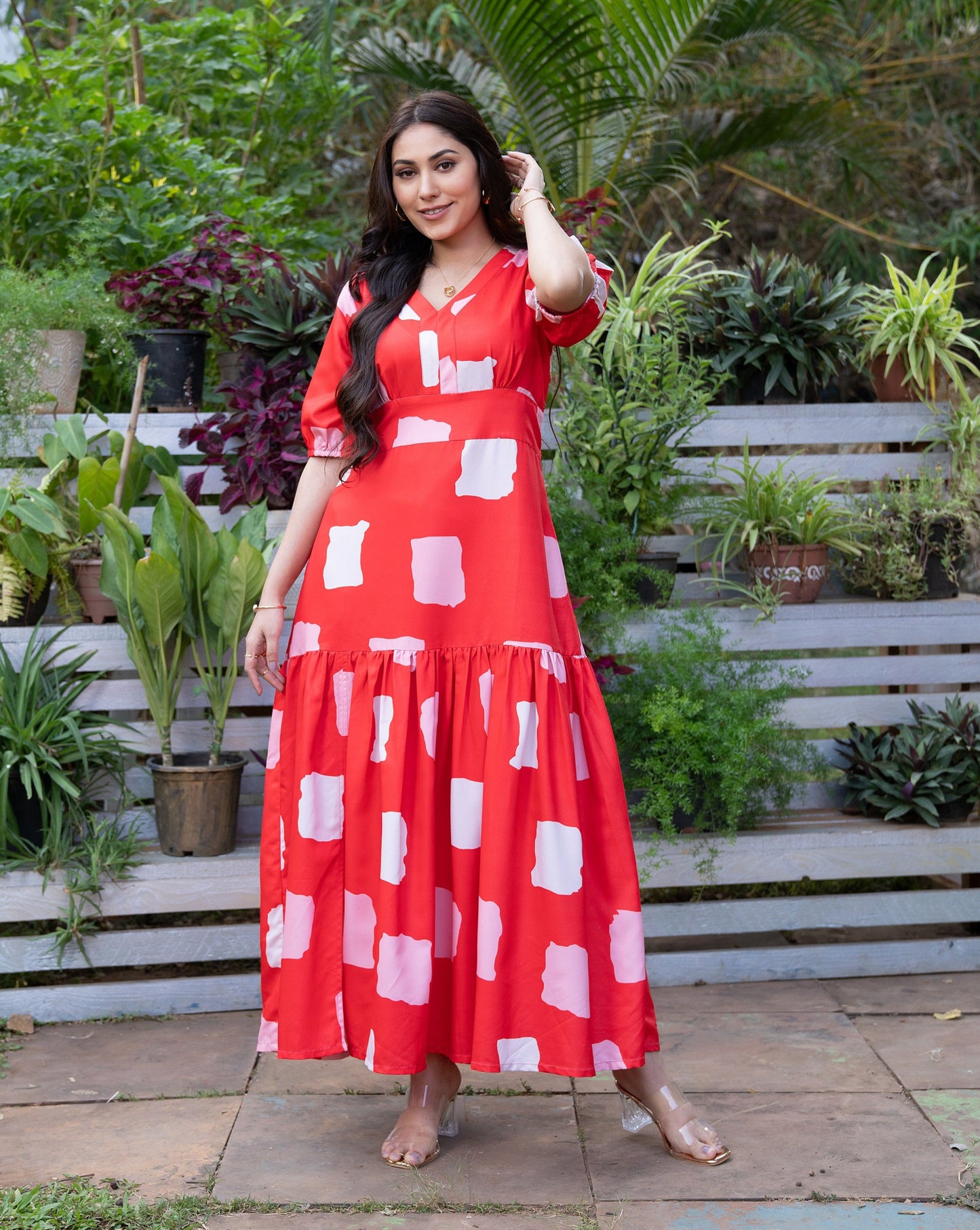 Crimson Printed Long Dress