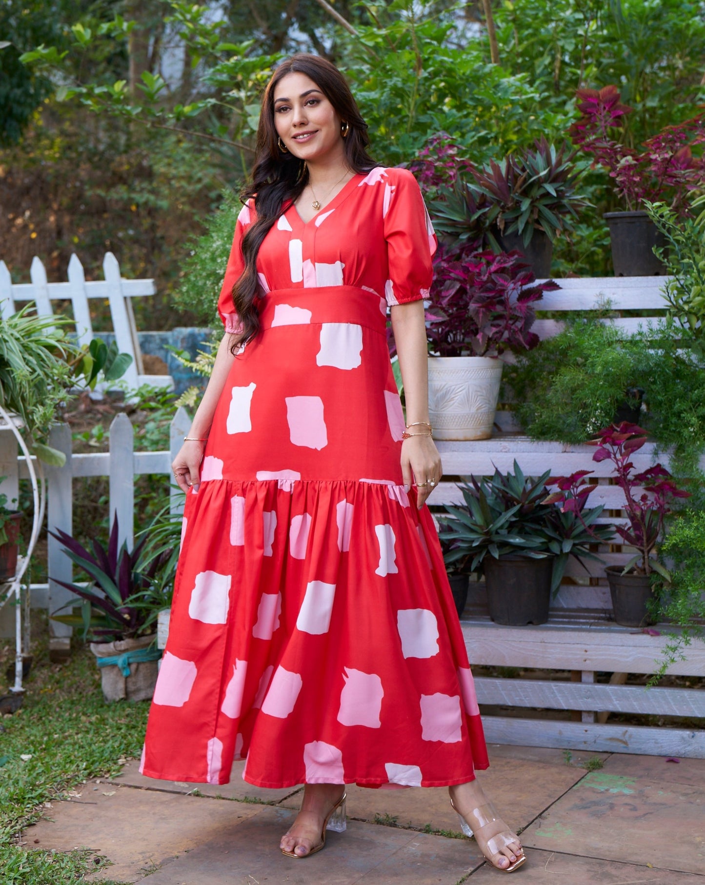 Crimson Printed Long Dress