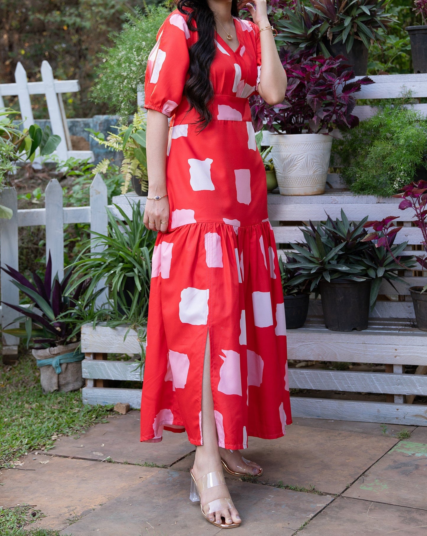 Crimson Printed Long Dress