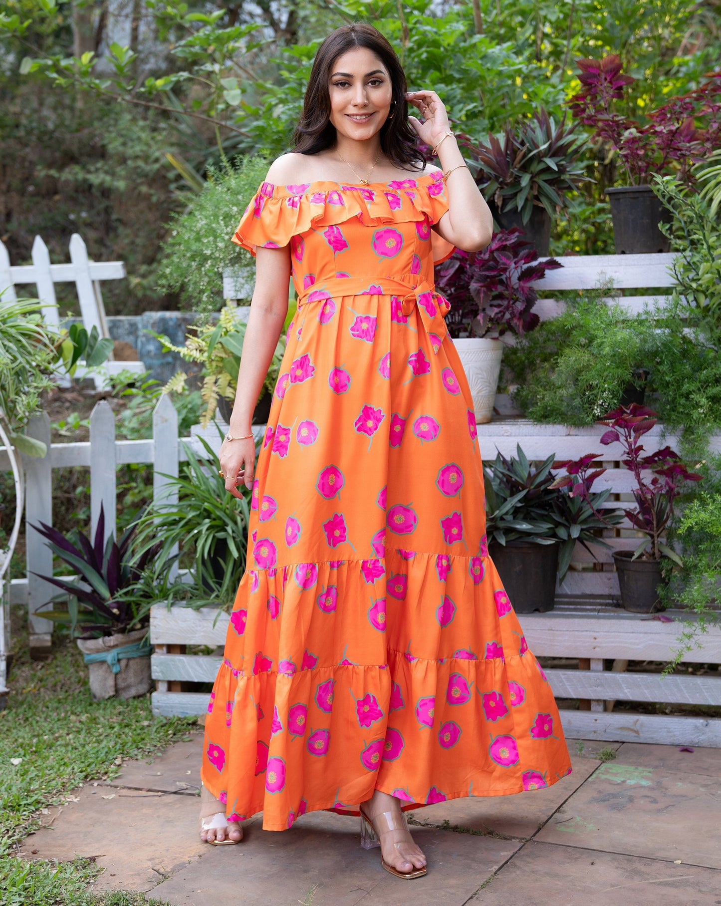 Floral Candy Orange Long Dress