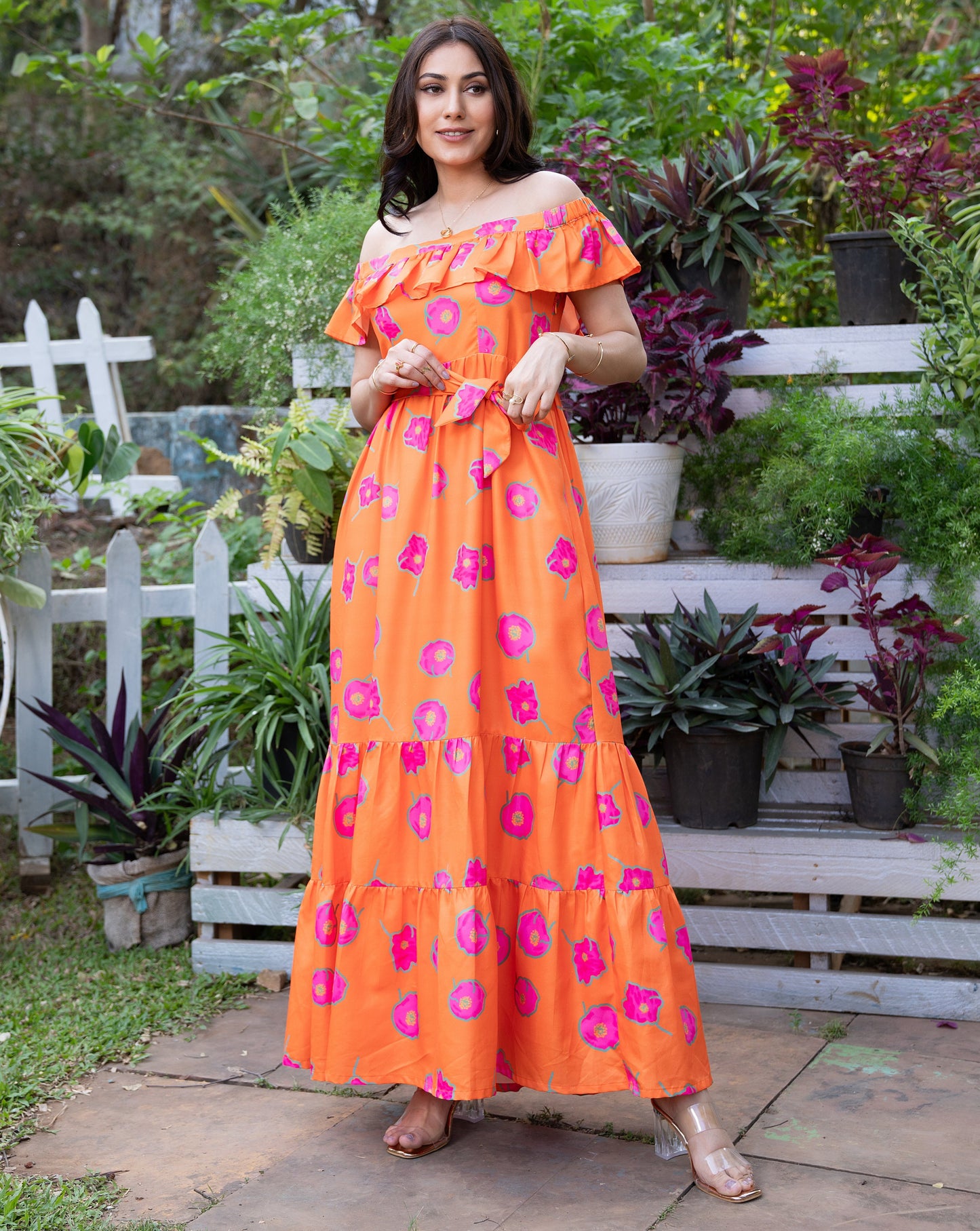 Floral Candy Orange Long Dress