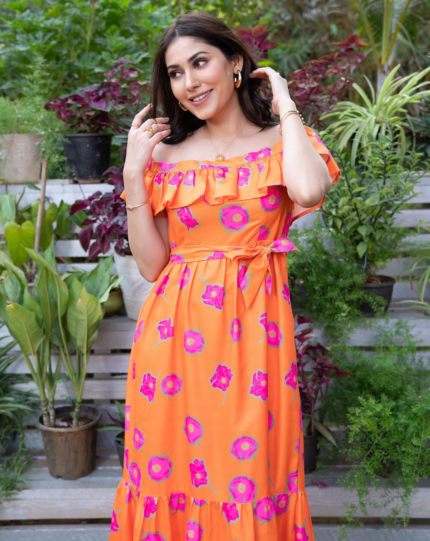 Floral Candy Orange Long Dress