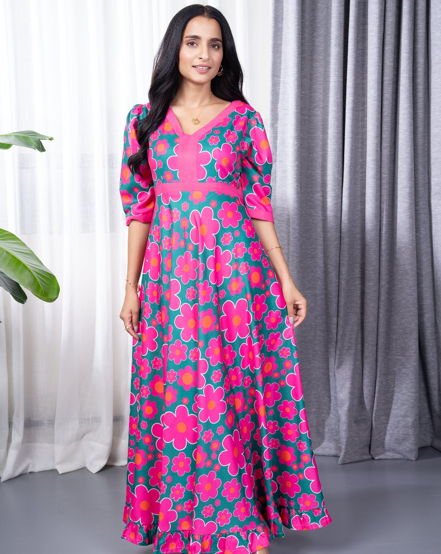 Pink Floral Green Long Dress