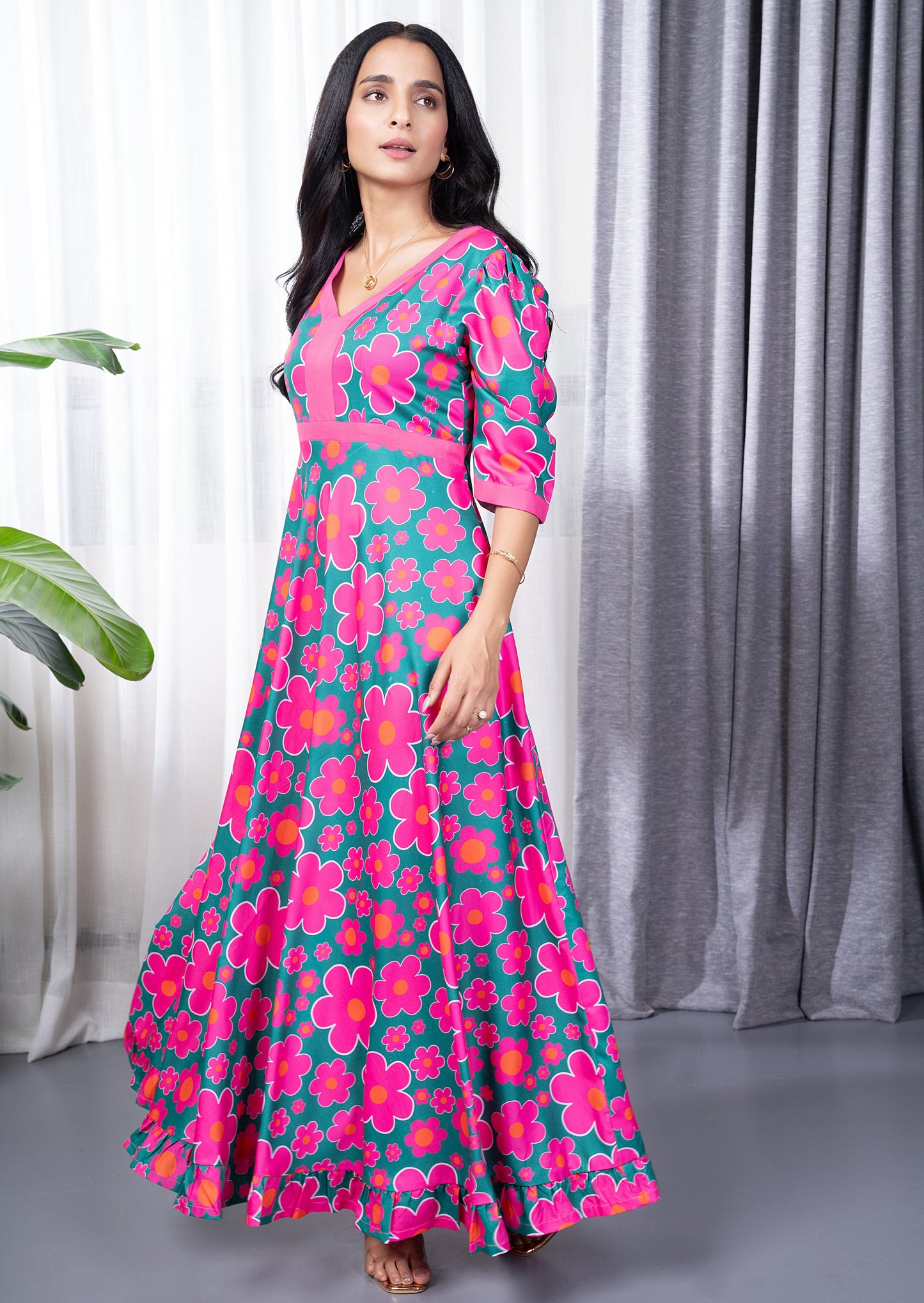 Pink Floral Green Long Dress