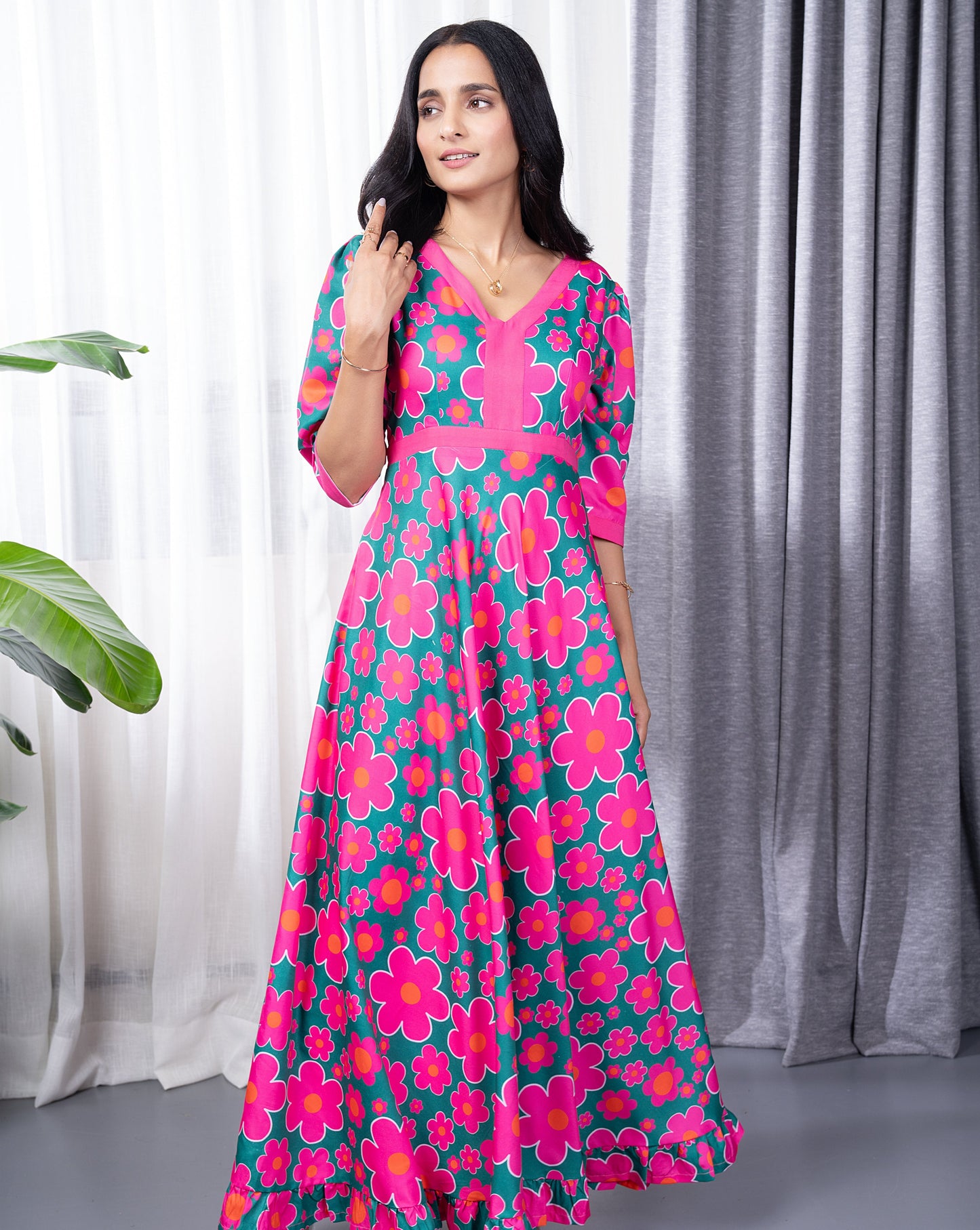 Pink Floral Green Long Dress