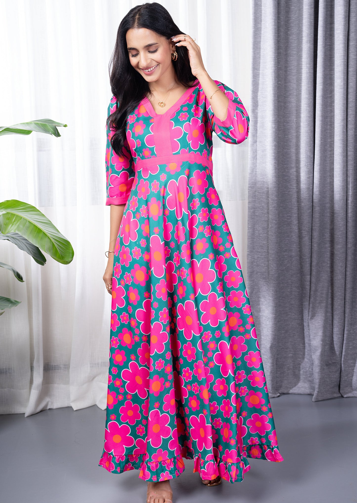 Pink Floral Green Long Dress