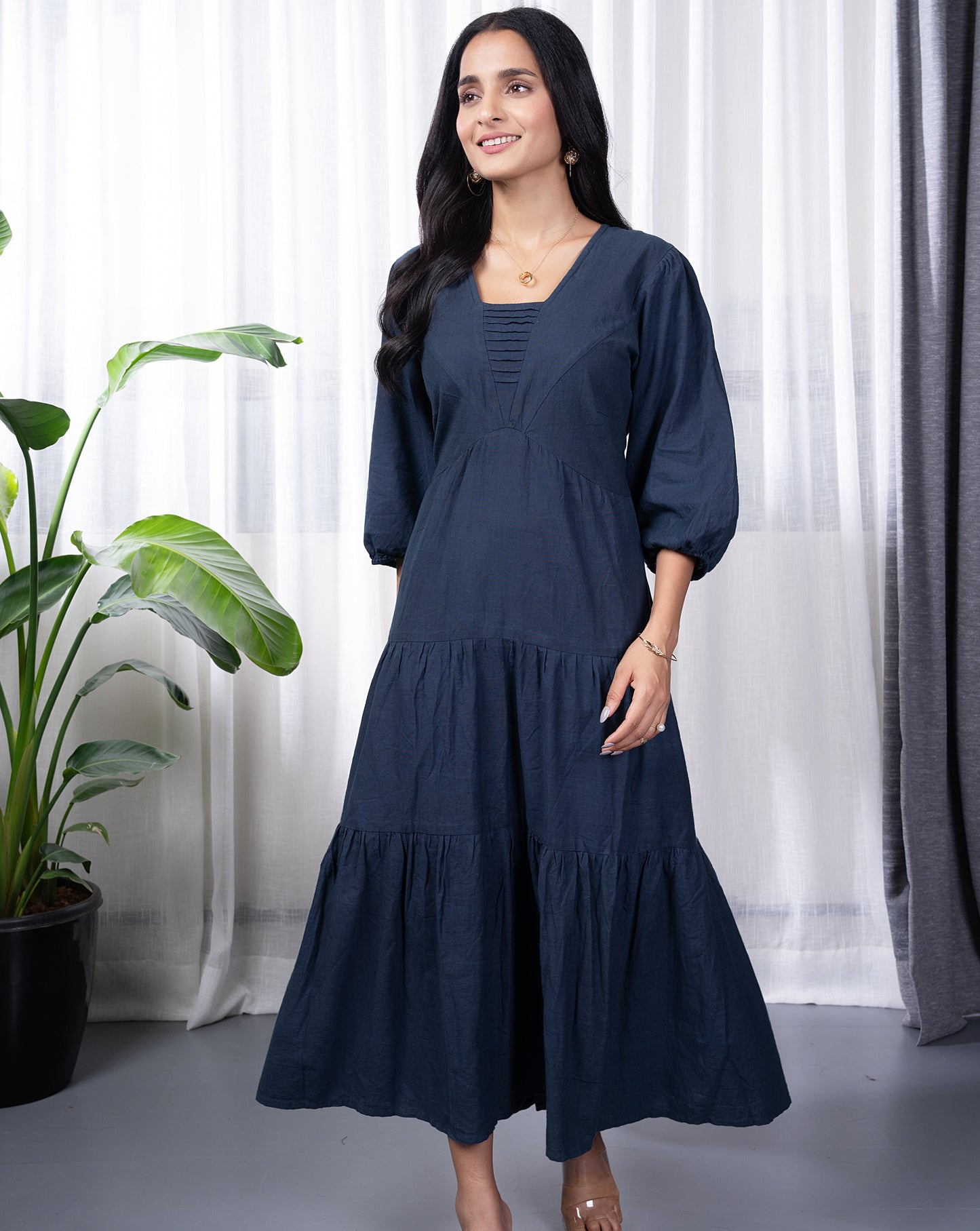 Navy Cotton Long Dress