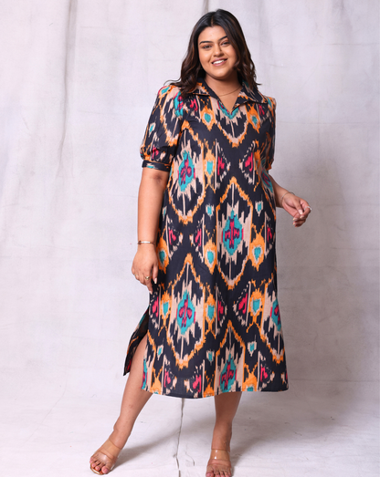 Ikkat Story Long Dress-Black