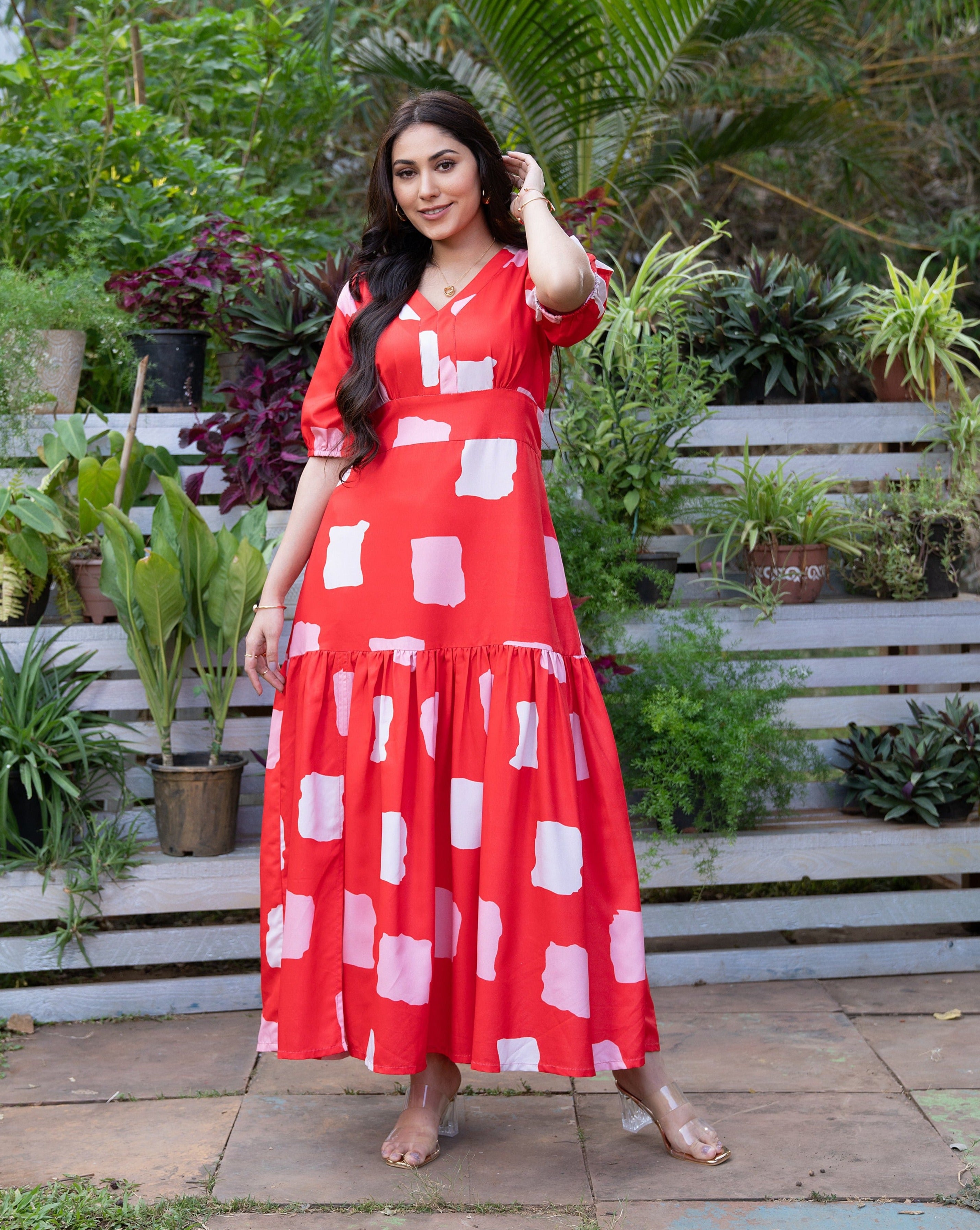 Crimson Printed Long Dress