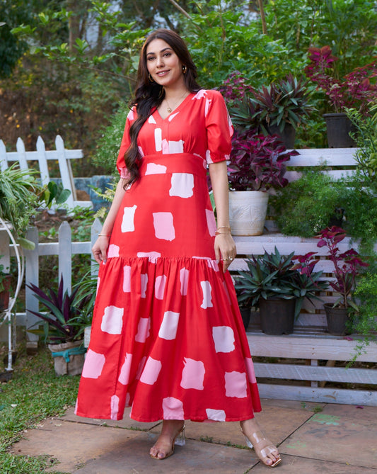 Crimson Printed Long Dress