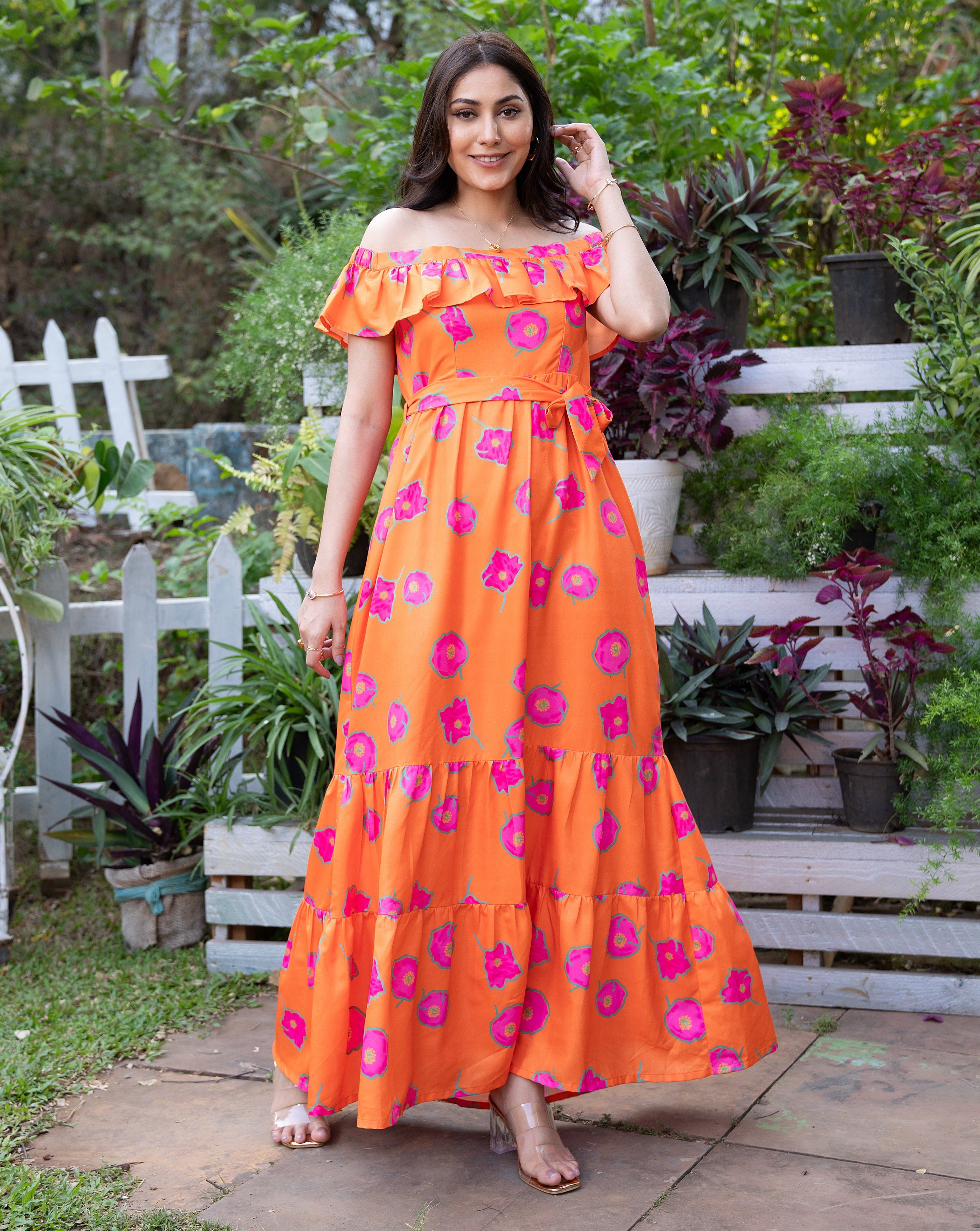 Floral Candy Orange Long Dress