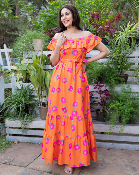 Floral Candy Orange Long Dress