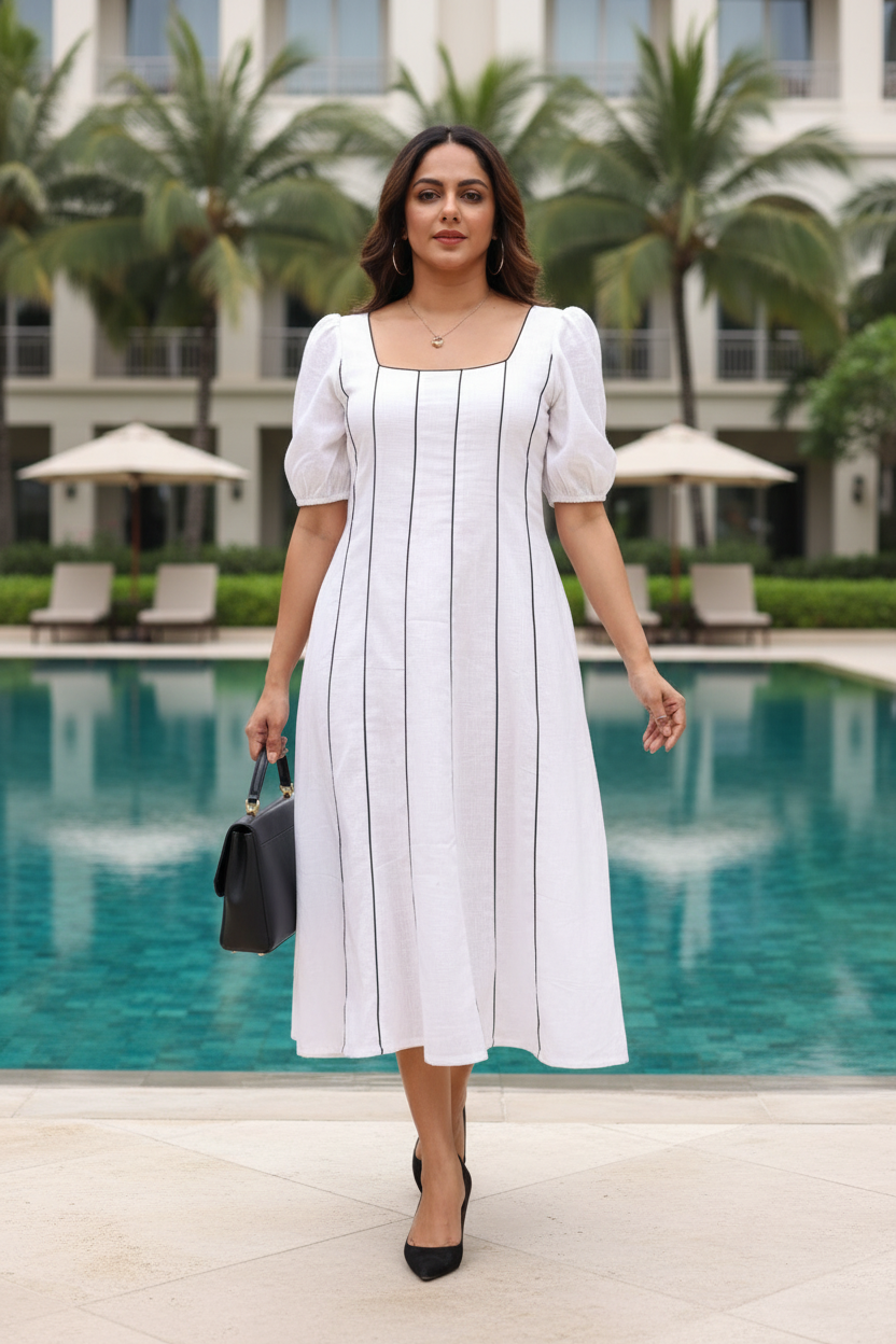 A woman standing in a room with a white linen long dress with balloon sleeves, featuring black piping details, a scoop neckline, and a side zipper.