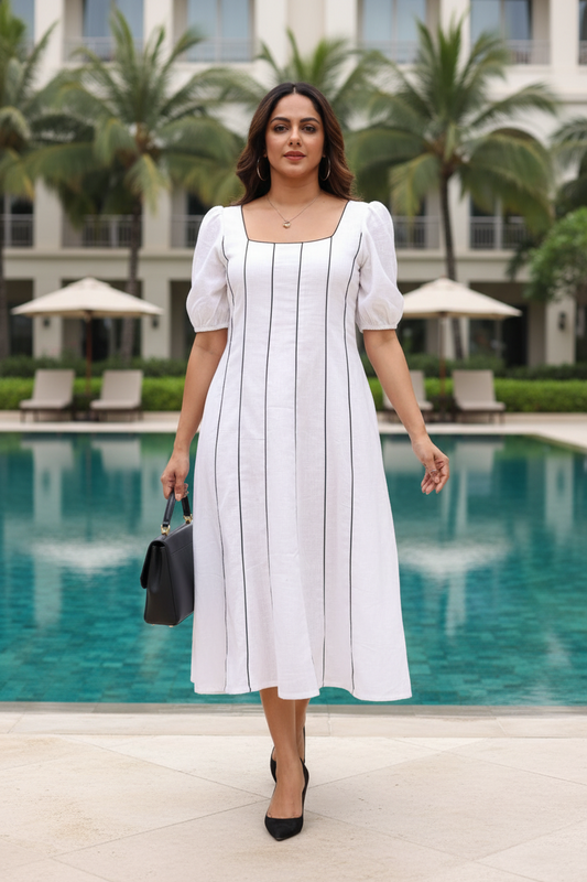A woman standing in a room with a white linen long dress with balloon sleeves, featuring black piping details, a scoop neckline, and a side zipper.