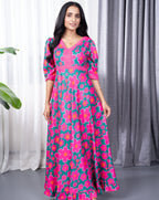 Pink Floral Green Long Dress