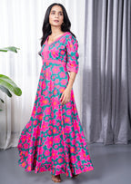 Pink Floral Green Long Dress