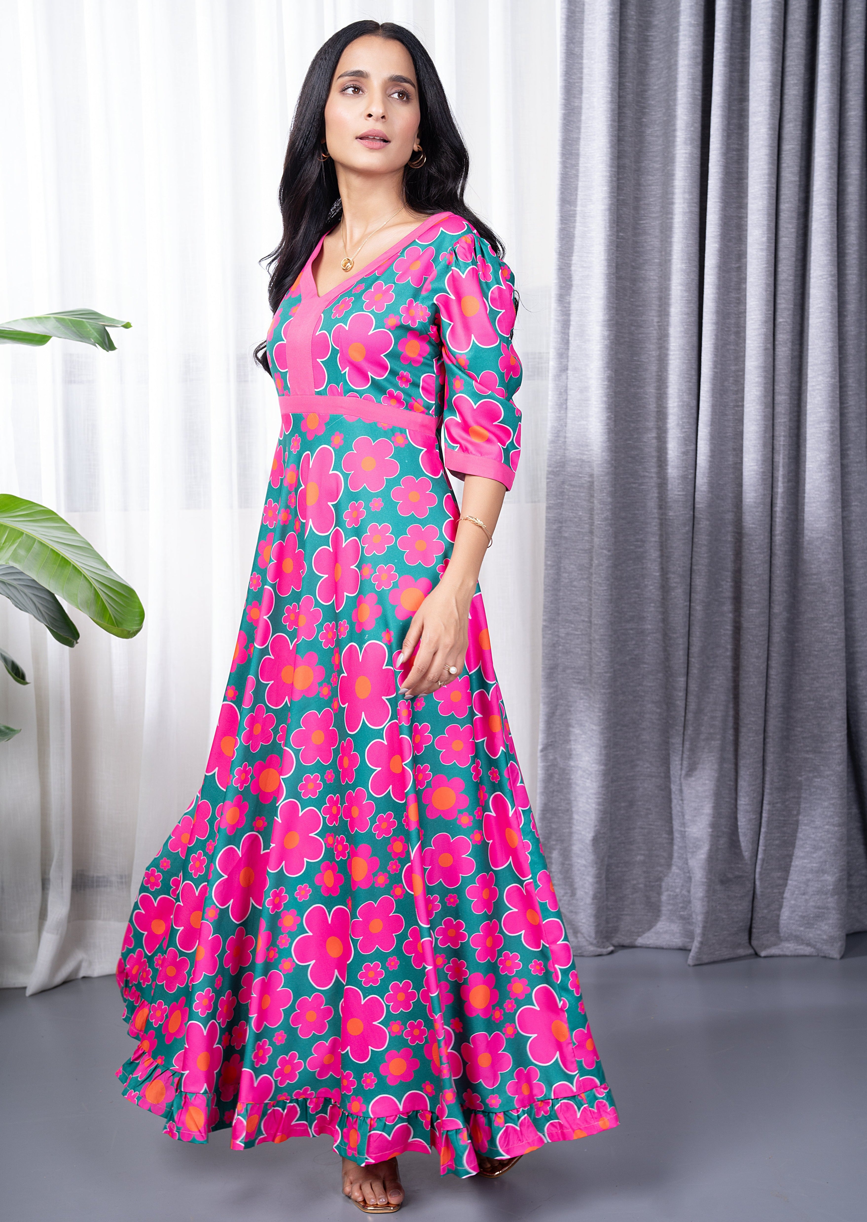 Pink Floral Green Long Dress