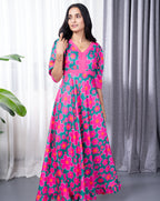 Pink Floral Green Long Dress