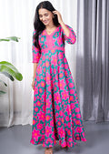Pink Floral Green Long Dress