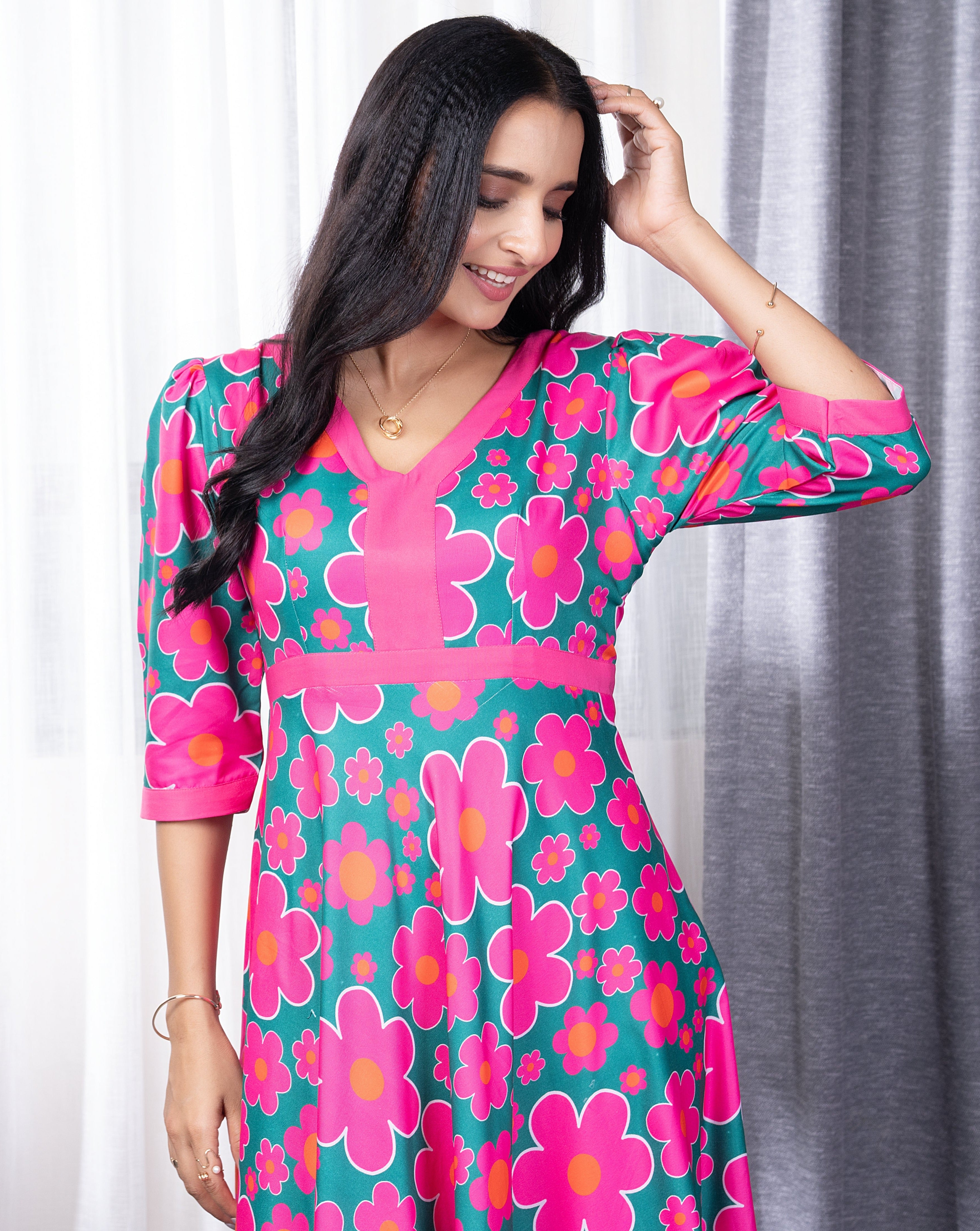Pink Floral Green Long Dress